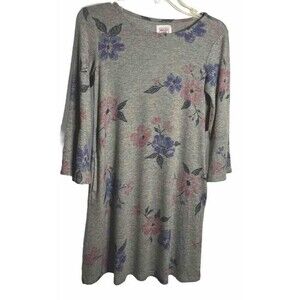 L 12-14 Bailey Lane gray floral short dress long sleeves with pockets rayon/poly